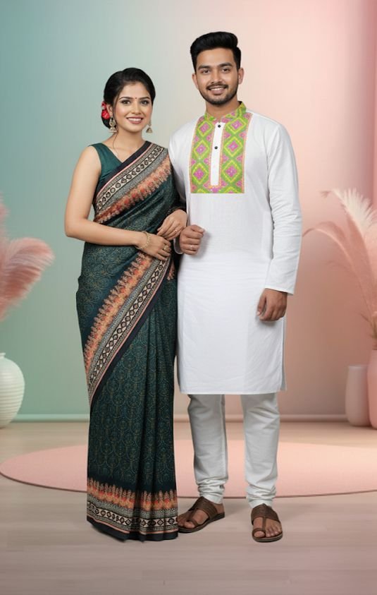 কাপল ড্রেস কালেকশন চান্দুরি সিল্ক শাড়ি ও ধুপিয়ান পাঞ্জাবি